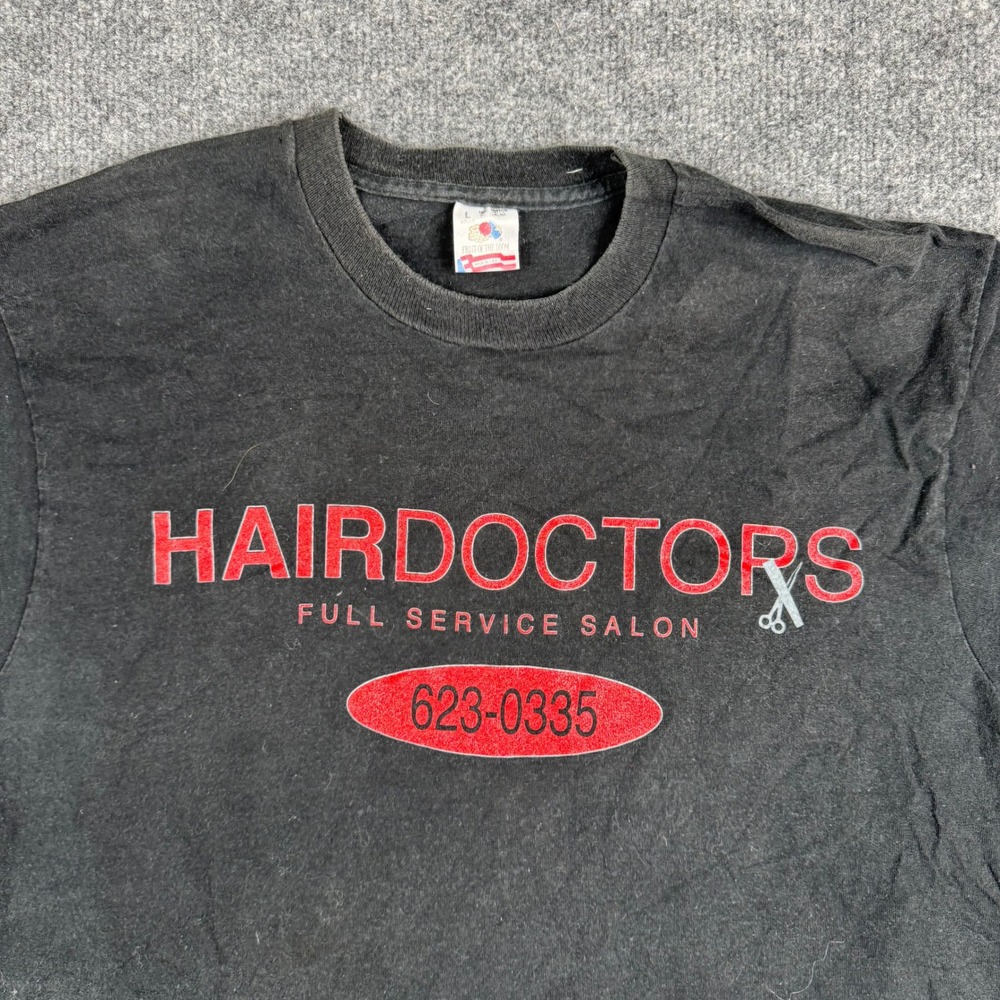 Fruit of the Loom T-shirt Mens Size L Black Hair Doctors Salon Graphic USA Made